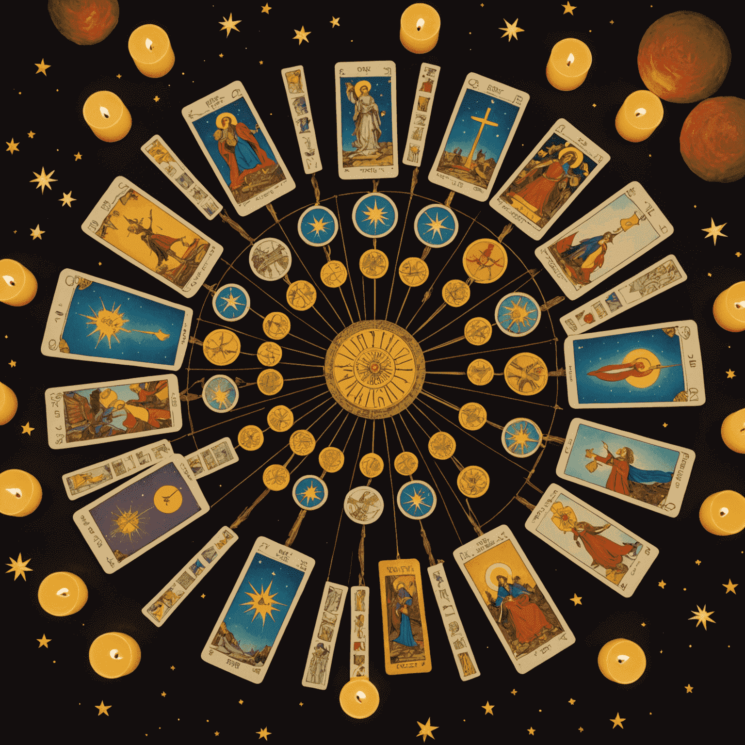 Une sélection de cartes de tarot liées à l'amour disposées en éventail, avec des symboles astrologiques lumineux flottant au-dessus